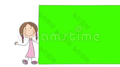 一个快乐的小女孩站在空白的横幅/板后面挥舞着，动画<strong>手绘卡</strong>通人物，能够循环